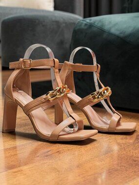Gold Chain Accent Nude High Heel Sandals With Buckle Strap